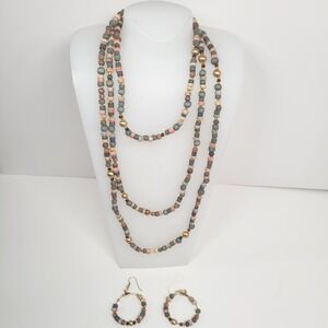 Wood Beaded Long Necklace Hoop Earrings Set Multicolor Boho Opera Length Flapper